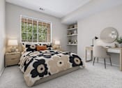 Thumbnail 20 of 87 - Cozy bedroom with floral bedding and workspace at Village Club of Farmington Hills Apartments, Farmington Hills, MI