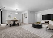 Thumbnail 12 of 47 - A modern living room with a dining table and chairs.