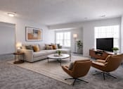 Thumbnail 12 of 24 - A modern living room with a grey carpet and a white sofa.