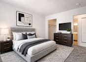 Thumbnail 9 of 24 - A modern bedroom with a large bed, a nightstand, and a TV.