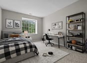 Thumbnail 23 of 87 - Modern bedroom with desk and industrial shelving at Village Club of Farmington Hills Apartments, Farmington Hills, Michigan