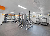 Thumbnail 18 of 25 - A gym with a variety of equipment including treadmills, weights, and exercise machines.