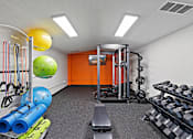 Thumbnail 19 of 25 - A gym with a variety of equipment including a bench, weights, and resistance bands.