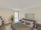 Thumbnail 44 of 116 - A bedroom with a bed, nightstand, and a plant at The Waverly on the Lake - Belleville, MI Apartment, Belleville, MI, 95050