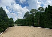 Thumbnail 25 of 26 - A sandy volleyball court surrounded by trees.