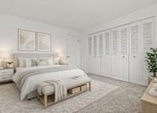 Thumbnail 19 of 31 - A bedroom with a large bed, a nightstand, and a wardrobe.