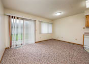 Thumbnail 7 of 12 - A room with a carpeted floor and a window with blinds.