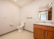 Thumbnail 15 of 20 - A white toilet sits in a bathroom with a marble counter and wooden cabinets.