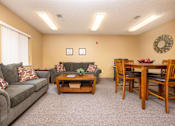 Thumbnail 12 of 14 - A living room with a grey couch, a wooden coffee table, and a dining table with chairs.