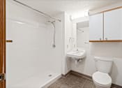 Thumbnail 18 of 20 - A white toilet sits under a mirror in a bathroom.