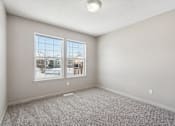 Thumbnail 11 of 25 - A room with a grey carpet and two windows overlooking a snowy landscape.