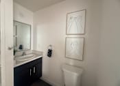 Thumbnail 12 of 14 - A bathroom with a toilet, sink and two pictures on the wall.