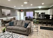 Thumbnail 8 of 19 - A living room with a grey couch and a coffee table.