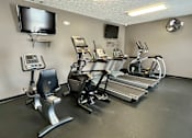 Thumbnail 11 of 19 - A gym with treadmills, elliptical machines, and a television.