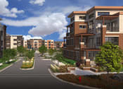 Thumbnail 5 of 22 - a rendering of a street with apartment buildings on either side of a road