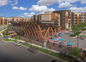Thumbnail 2 of 22 - a rendering of a building with a bridge in the middle of a city street