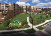 Thumbnail 3 of 22 - a rendering of a park with a playground in front of an apartment building
