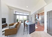 Thumbnail 13 of 15 - a kitchen with a blue counter top in a living room