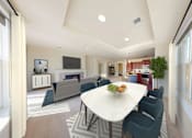 Thumbnail 10 of 38 - A modern living room with a white table and blue chairs.