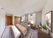 Thumbnail 8 of 26 - A bedroom with a large bed and a painting on the wall.