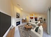 Thumbnail 26 of 30 - A modern living room with a fireplace and a large window.