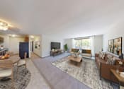 Thumbnail 3 of 21 - A spacious living room with a dining table and chairs.
