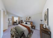 Thumbnail 9 of 37 - A bedroom with a bed, nightstand, and a dresser.