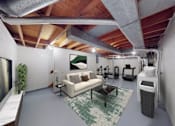 Thumbnail 6 of 37 - A modern living room with a white couch and a green rug.