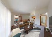 Thumbnail 9 of 12 - A living room with a brown couch and a television.