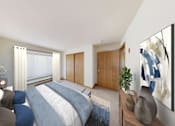 Thumbnail 8 of 12 - A bedroom with a bed, two nightstands, and two artworks on the wall.