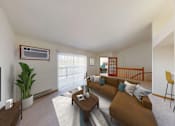 Thumbnail 10 of 12 - A living room with a brown couch and a television on the wall.