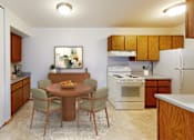 Thumbnail 5 of 27 - A kitchen with a table and chairs in the middle of the room.