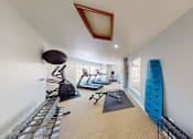 Thumbnail 25 of 28 - A room with a treadmill, exercise equipment, and a blue exercise mat.