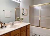 Thumbnail 10 of 28 - a bathroom with a sink and a shower and a mirror
