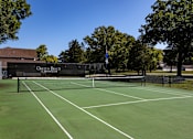 Thumbnail 38 of 50 - a tennis court in front of a building with trees