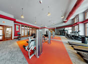 Thumbnail 61 of 64 - A gym with a red carpet and various exercise equipment.