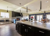 Thumbnail 64 of 124 - A kitchen with black cabinets and a wooden floor.