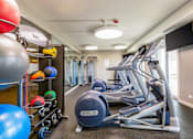 Thumbnail 80 of 124 - A gym with a row of treadmills and exercise balls.