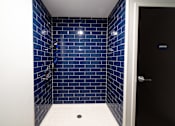Thumbnail 27 of 27 - A bathroom with blue tiles and a black door.