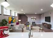 Thumbnail 7 of 29 - A red kitchenaid mixer sits on a white countertop in a modern living room.