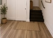 Thumbnail 53 of 53 - A hallway with a white door, a brown rug, and a plant.
