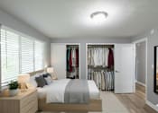 Thumbnail 17 of 17 - A bedroom with a bed, nightstand, and closet.