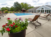 Thumbnail 23 of 36 - a swimming pool with chairs and flowers in front of a building