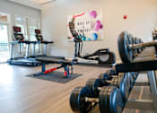 Thumbnail 48 of 49 - A gym with treadmills, elliptical machines, dumbbells, and a motivational poster.