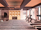 Thumbnail 14 of 15 - A modern gym with a variety of equipment including treadmills, stationary bikes, and weight machines.