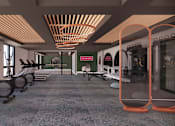 Thumbnail 15 of 15 - A gym with a row of treadmills and exercise equipment.