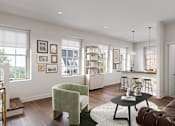 Thumbnail 3 of 36 - A living room with a brown leather couch, a green armchair, and a coffee table.