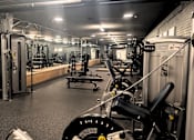 Thumbnail 11 of 17 - A gym with a variety of equipment including a squat rack, a leg press machine, and a bench press.