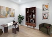 Thumbnail 20 of 42 - A room with a desk, chair, and a bookshelf with various items on it.