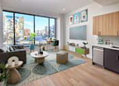 Thumbnail 12 of 42 - A living room with a couch, a coffee table, and a large window overlooking a city.